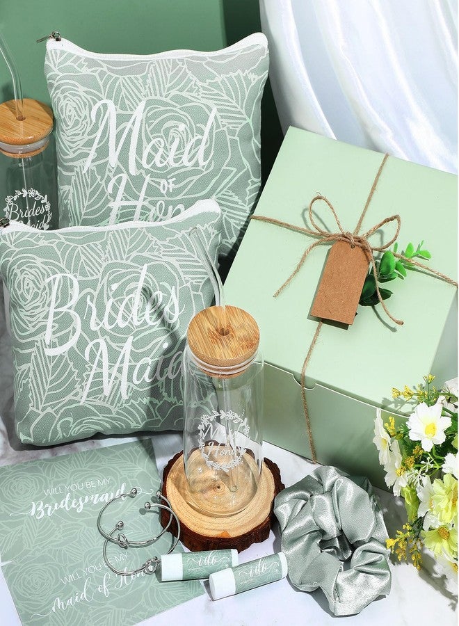 FillTouch مجموعة هدايا فيل تاتش المكونة من 54 قطعة، هدية وصيفة الشرف، تتضمن صندوق هدايا الزفاف، حقيبة مكياج، بطاقة دعوة، كوب زجاجي، مرطب شفاه، ربطة شعر، سوار لحفلة توديع العزوبية (أخضر). - Image 4