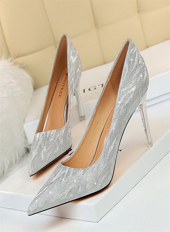 BIGTREE Shallow Pointed Sequin High Heels 7.5CM Silver