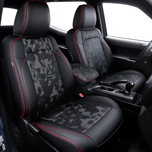 bgucar Leather Seat Covers Custom Fit for Tacoma Gen 3rd Double Crew Cab 20162023 Fully Covered Fit Like a Glove Center Console Armrest Covers Included CamoBlackRed Stitching - Image 1