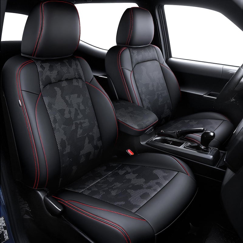 bgucar Leather Seat Covers Custom Fit for Tacoma Gen 3rd Double Crew Cab 20162023 Fully Covered Fit Like a Glove Center Console Armrest Covers Included CamoBlackRed Stitching - Image 3