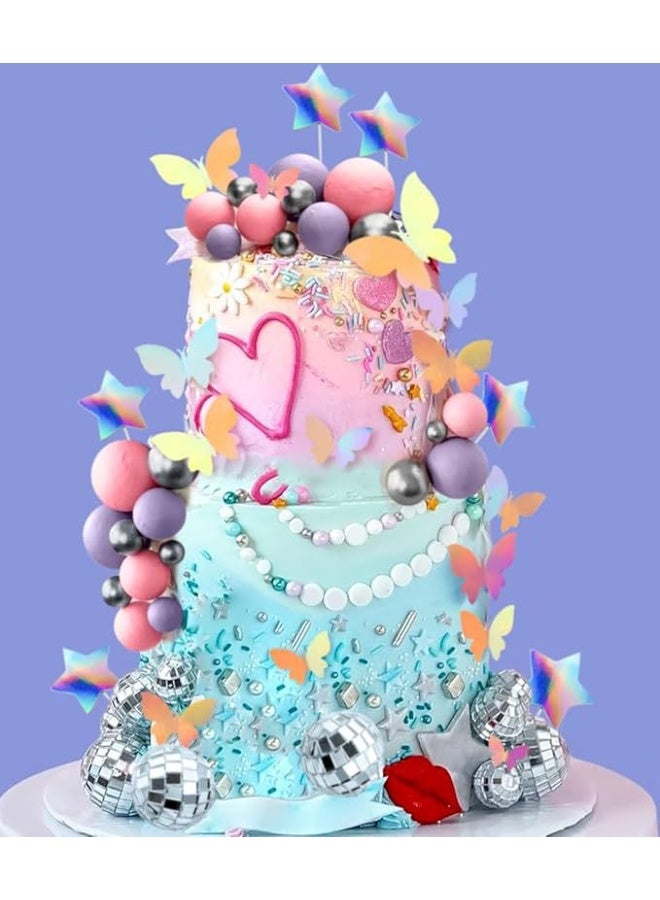Disco Ball & Butterfly Cake Topper Set, Pink Purple Silver Balls, Iridescent Stars, Holographic Butterfly Picks for Girls Birthday Party - Image 1