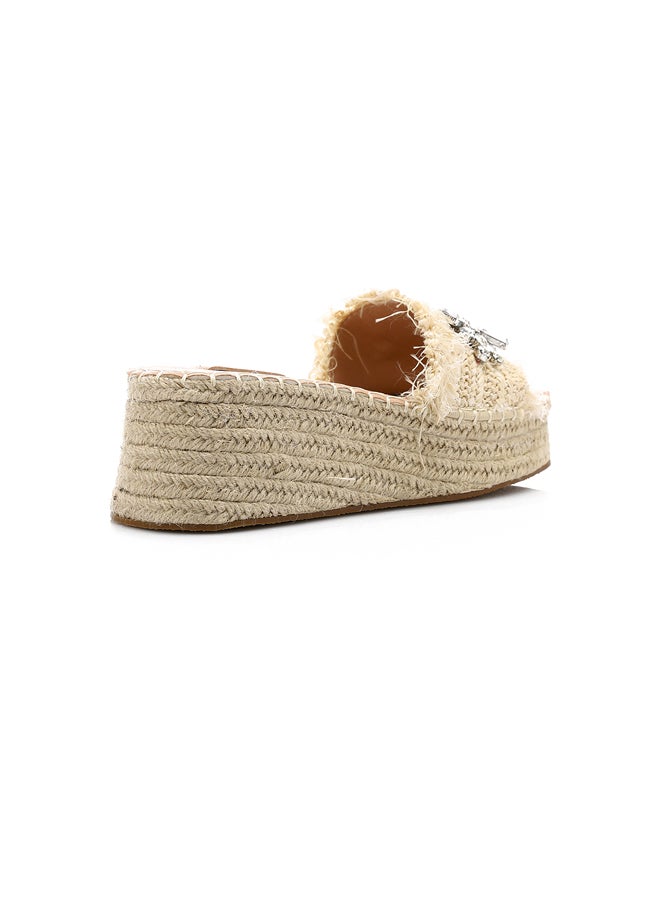 DejaVu Strassy Mid Heel Wedge Slipper - Beige  - Image 2