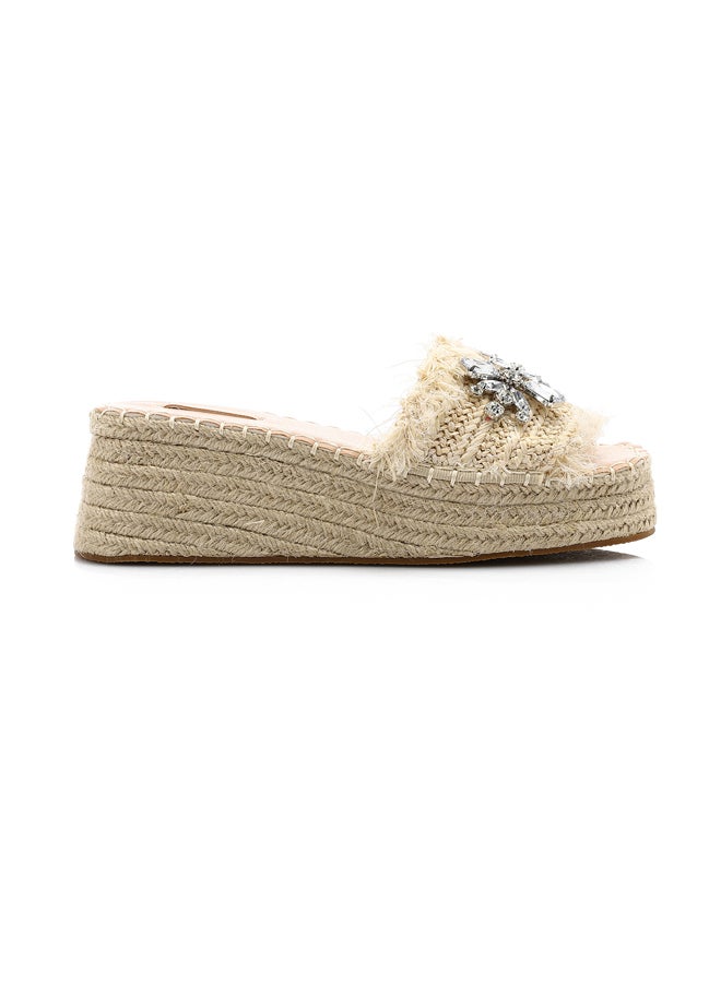 DejaVu Strassy Mid Heel Wedge Slipper - Beige  - Image 1
