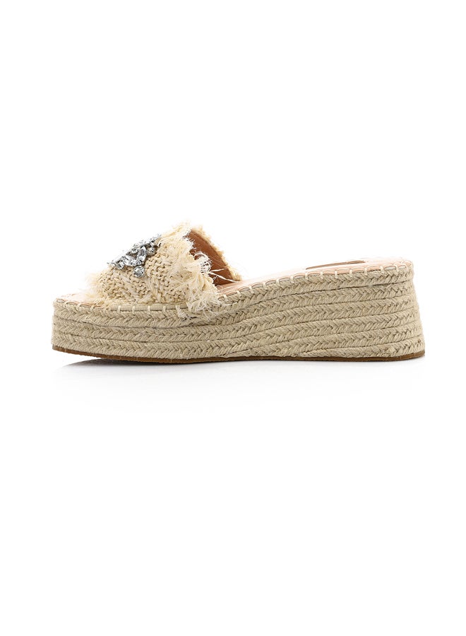 DejaVu Strassy Mid Heel Wedge Slipper - Beige  - Image 3
