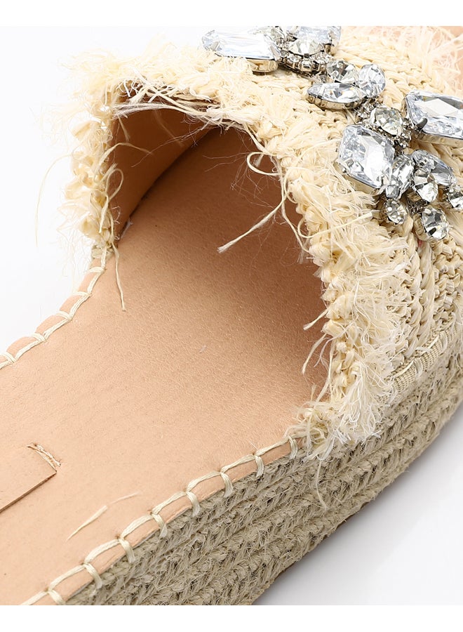 DejaVu Strassy Mid Heel Wedge Slipper - Beige  - Image 4