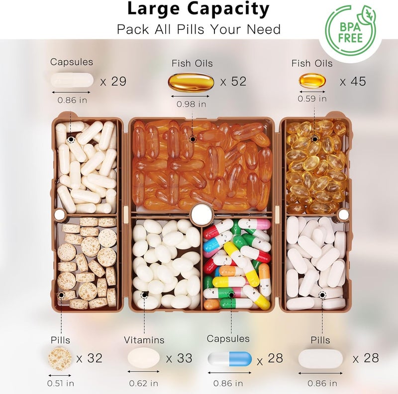 FYY Daily Pill Organizer,7 Compartments Portable Case for Travel,[Folding Design] for Purse Pocket to Hold Vitamins,Cod Liver Oil,Supplements and Medication-Brown - Image 4