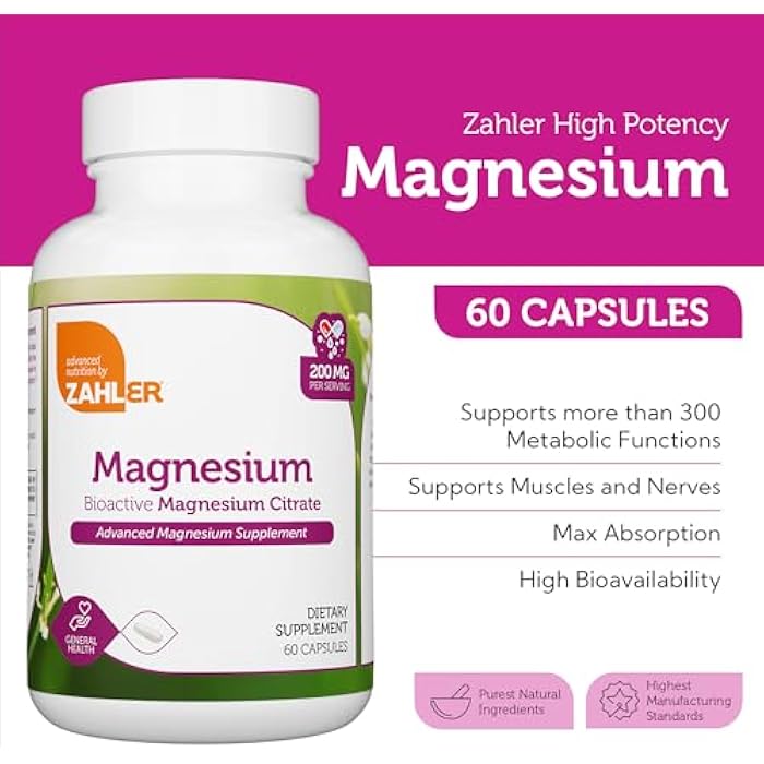 Zahler - Magnesium Supplement Capsules 200 mg (60 Count) Certified Kosher Bioactive Magnesium Citrate for Max Absorption - Natural Magnesium Mineral for Men & Women - Best Magnesium Supplements - Image 2