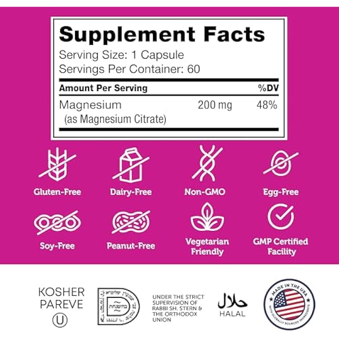 Zahler - Magnesium Supplement Capsules 200 mg (60 Count) Certified Kosher Bioactive Magnesium Citrate for Max Absorption - Natural Magnesium Mineral for Men & Women - Best Magnesium Supplements - Image 5