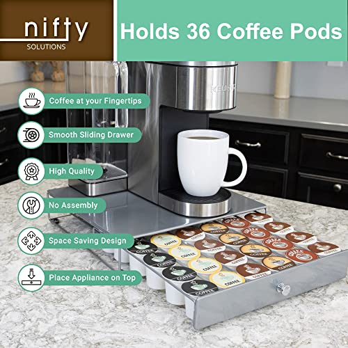 Nifty Solutions Nifty Coffee Pod Drawer - Silver Finish, Compatible with K-Cups, 36 Pod Pack Holder, Non-Rolling, Compact Under Coffee Pot Storage Sliding Drawer, Slim Home Kitchen Counter Organizer - Image 4