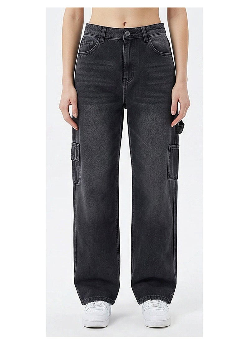RAVIN Washed Black High-Waist Wide-Leg Cargo Jeans - Image 1