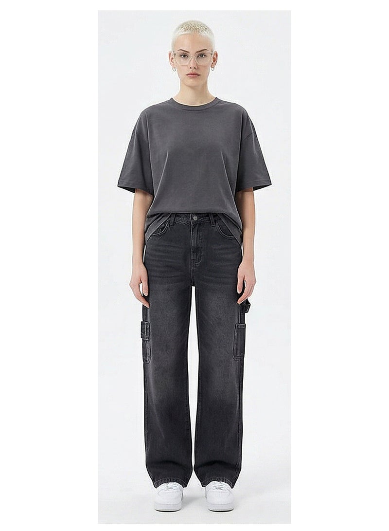 RAVIN Washed Black High-Waist Wide-Leg Cargo Jeans - Image 3