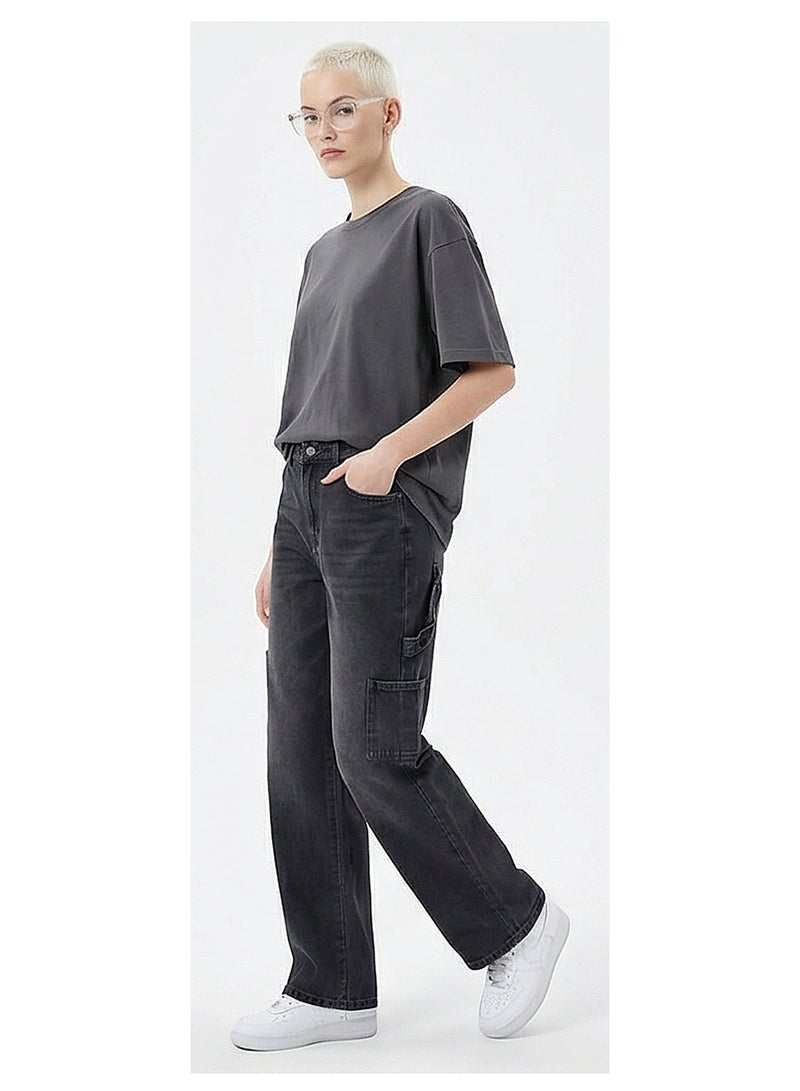 RAVIN Washed Black High-Waist Wide-Leg Cargo Jeans - Image 4