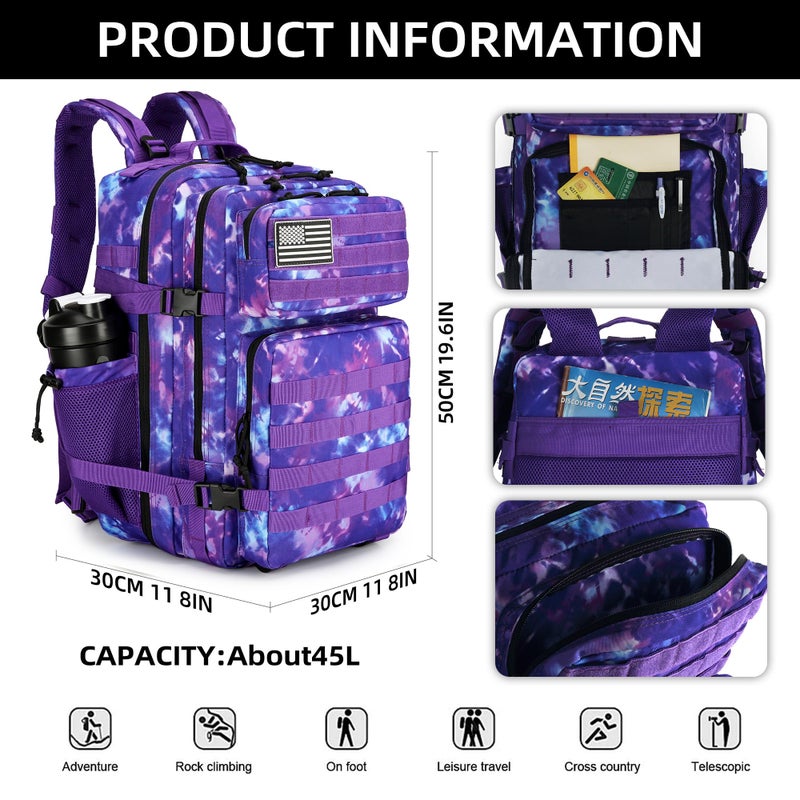 Lovelinks21 45L Tactical Assault Backpack 3 day assault pack with Molle Waterproof backpack Rucksack for Tactical Backpacks (Purple Camo) - Image 2