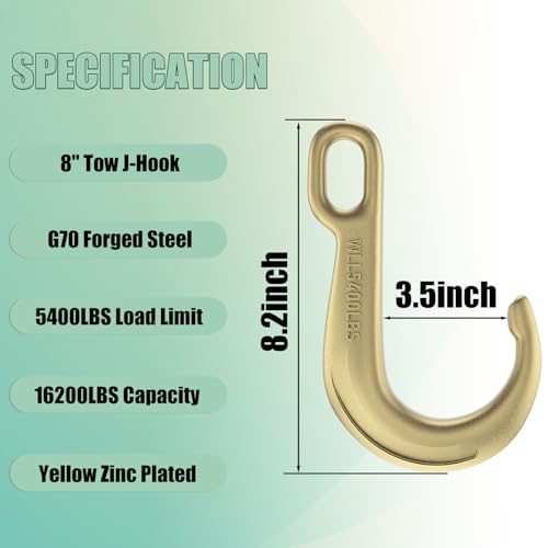 AODESTINY 2PCS 8" Heavy Duty J Hooks for Towing, Yellow Zinc Plated Tow J Hook Grade 70 Clevis J Hook for Transport Chain, 5400LBS Capacity Heavy Load - Image 2