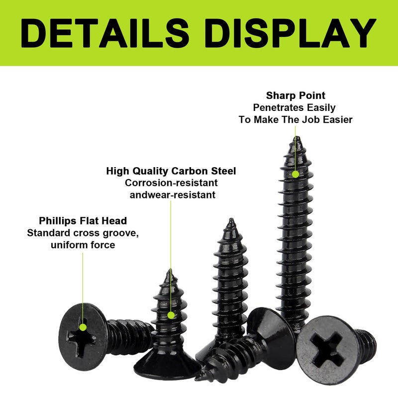 JERLITU #4 Flat Head Small Wood Screws Assortment kit 420Pcs, Black Phillips Short Screw, Carbon Steel, Cabinet Hinge Mounting, Electronics DIY Micro Screws Fasteners Set, Contains 20pcs M6 Screw Anchors - Image 3