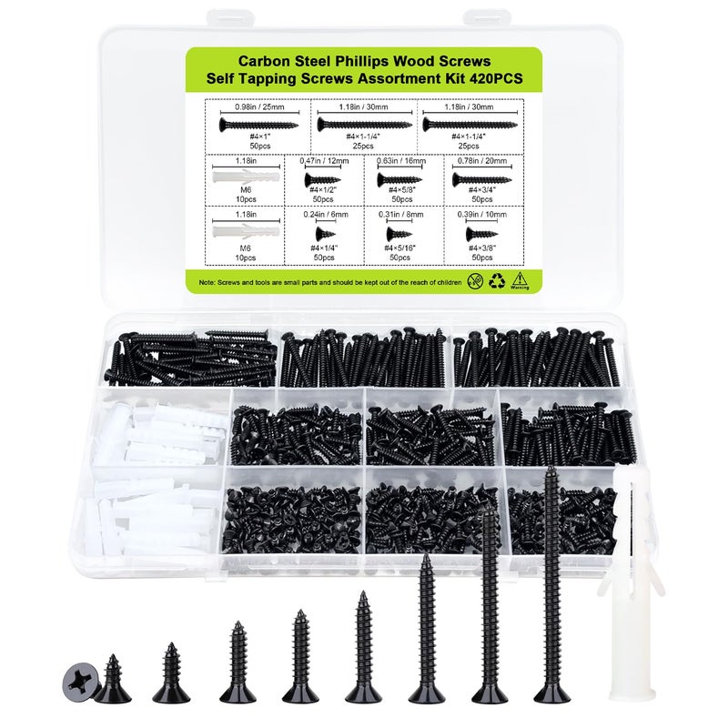 JERLITU #4 Flat Head Small Wood Screws Assortment kit 420Pcs, Black Phillips Short Screw, Carbon Steel, Cabinet Hinge Mounting, Electronics DIY Micro Screws Fasteners Set, Contains 20pcs M6 Screw Anchors - Image 1