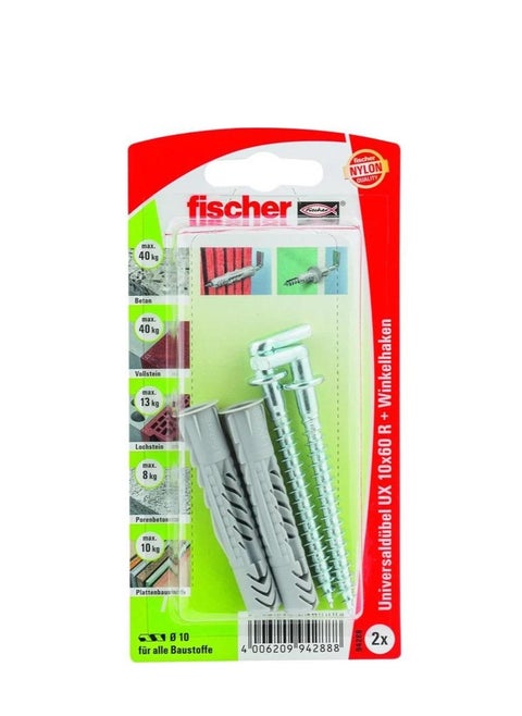 Fischer Nylon Universal Fixing Plug W/Angle Hook UX 10x60 WH B 2Pcs