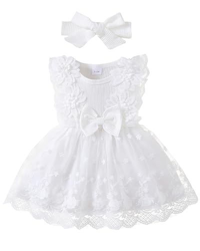 Renotemy Newborn Baby Girl Tulle Tutu Dress White Lace Sleeveless Boho Fairy Baptism Princess Wedding Birthday Party Dresses for Baby Girls with Flower Headband 03 Months - Image 1