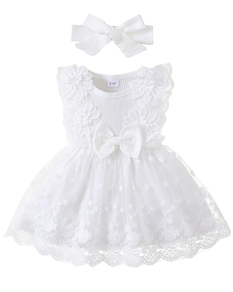 Renotemy Newborn Baby Girl Tulle Tutu Dress White Lace Sleeveless Boho Fairy Baptism Princess Wedding Birthday Party Dresses for Baby Girls with Flower Headband 03 Months - Image 2