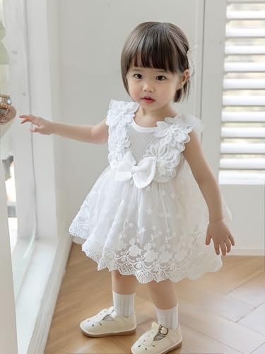 Renotemy Newborn Baby Girl Tulle Tutu Dress White Lace Sleeveless Boho Fairy Baptism Princess Wedding Birthday Party Dresses for Baby Girls with Flower Headband 03 Months - Image 3