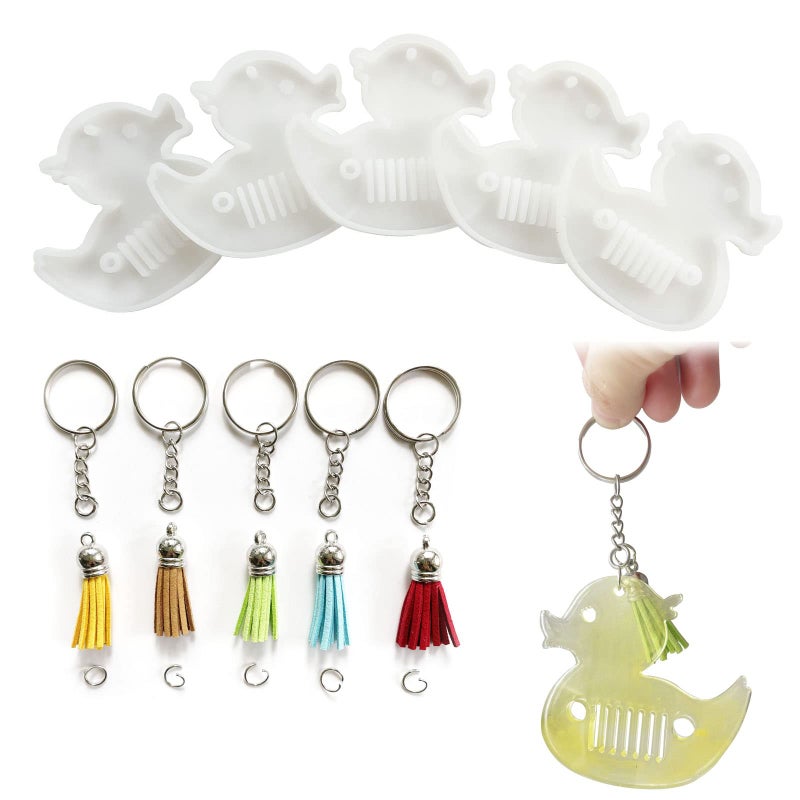 Szecl 5Pcs Duck Keychain Mold for Cute Duck Keychain Charm Duck Shape Silicone Casting Molds with Hole for DIY Keychain Pendant Making 5 Pcs Key Rings Chain 5 Pcs Keychain Tassels Handmade Craft