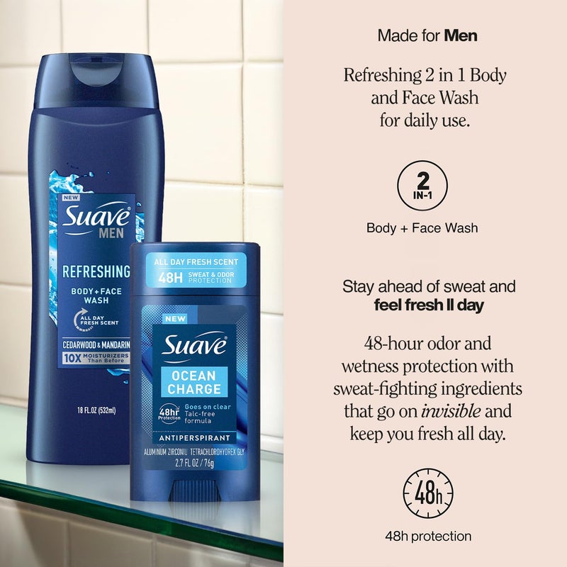 Suave Mens Body Wash Refresh Invisible Solid Ocean Charge Antiperspirant Deodorant Stick 48H Sweat Odor Protection 2 Piece Set - Image 2