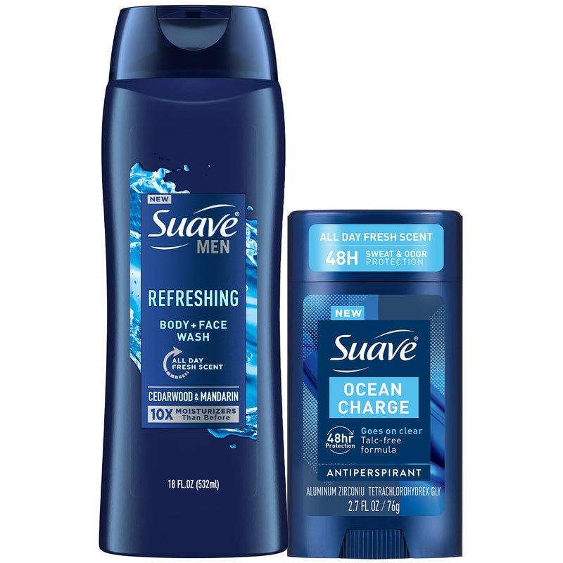 Suave Mens Body Wash Refresh Invisible Solid Ocean Charge Antiperspirant Deodorant Stick 48H Sweat Odor Protection 2 Piece Set - Image 1