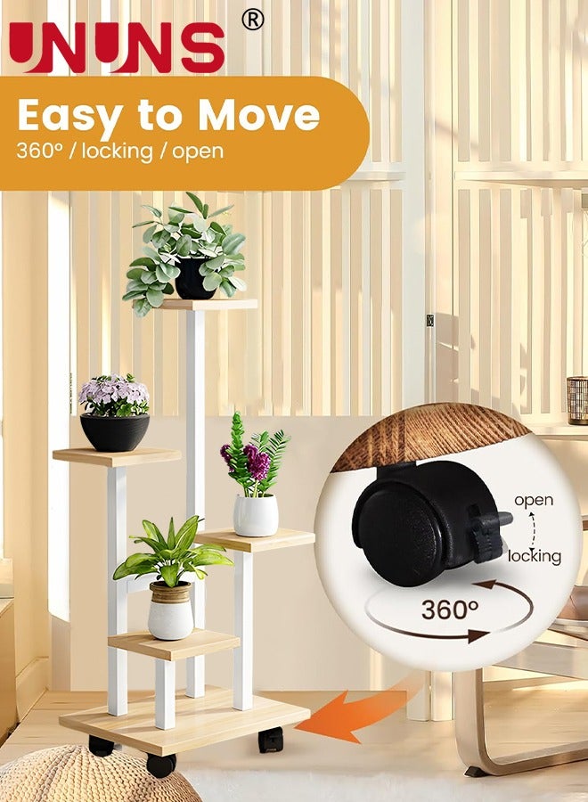 UNUNS حامل نباتات بخمسة مستويات مع 4 عجلات، حاملات نباتات معدنية خشبية طويلة للنباتات الداخلية المتعددة، رف زهور مدرج للزاوية لغرفة المعيشة وغرفة النوم - Image 3