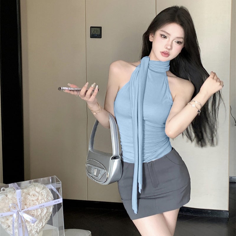 صديري نسائي بدون أكمام بياقة عالية وحمالة رقبة من المودال مع شريط - Image 1
