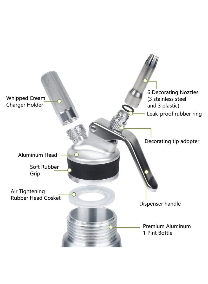 Whipped Cream Dispenser,500ml Whipped Cream Charger with Sturdy Aluminum Body And Head,Cream Maker with 3 Decorating Nozzles  - Image 2