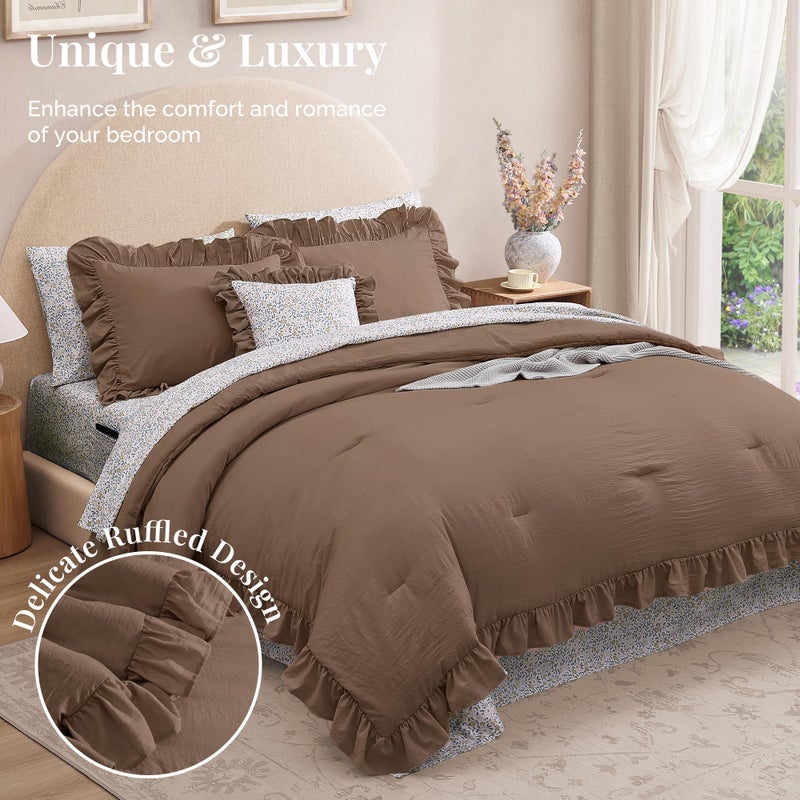 BLOOMHAVEN King Comforter Set - 7 Pieces Ruffle Amber Brown Bedding Sets, Shabby Chic Farmhouse Bed in a Bag with Ruffle Comforter, Floral Sheets, Pillowcases & Shams - Image 2