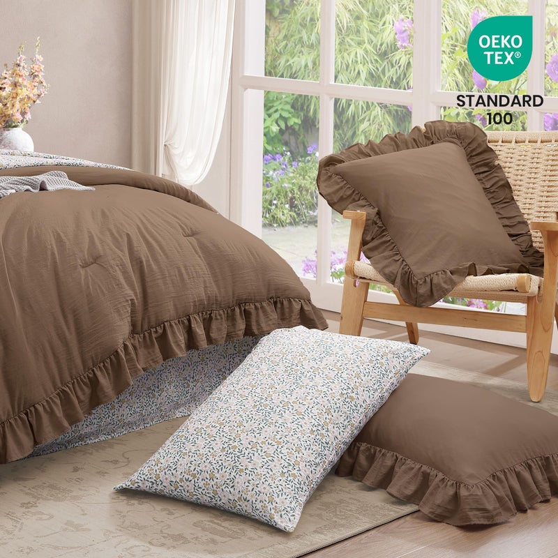 BLOOMHAVEN King Comforter Set - 7 Pieces Ruffle Amber Brown Bedding Sets, Shabby Chic Farmhouse Bed in a Bag with Ruffle Comforter, Floral Sheets, Pillowcases & Shams - Image 5