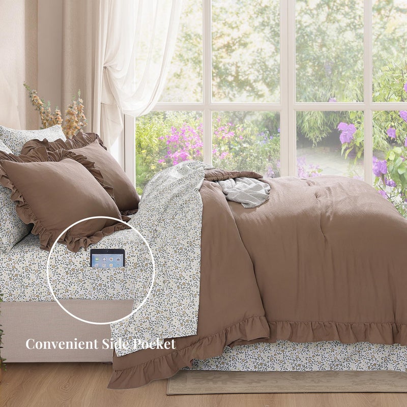 BLOOMHAVEN King Comforter Set - 7 Pieces Ruffle Amber Brown Bedding Sets, Shabby Chic Farmhouse Bed in a Bag with Ruffle Comforter, Floral Sheets, Pillowcases & Shams - Image 3