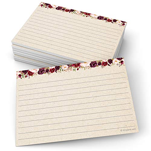 321Done Floral Ruled Index Cards - Made in USA - Large 4x6 (Set of 50), College-Ruled Lined Notecards Double-Sided, Thick Heavy Duty Cardstock, Cute Pretty Flowers Red Roses Rustic Kraft Tan Notes - Image 1
