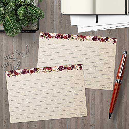 321Done Floral Ruled Index Cards - Made in USA - Large 4x6 (Set of 50), College-Ruled Lined Notecards Double-Sided, Thick Heavy Duty Cardstock, Cute Pretty Flowers Red Roses Rustic Kraft Tan Notes - Image 3