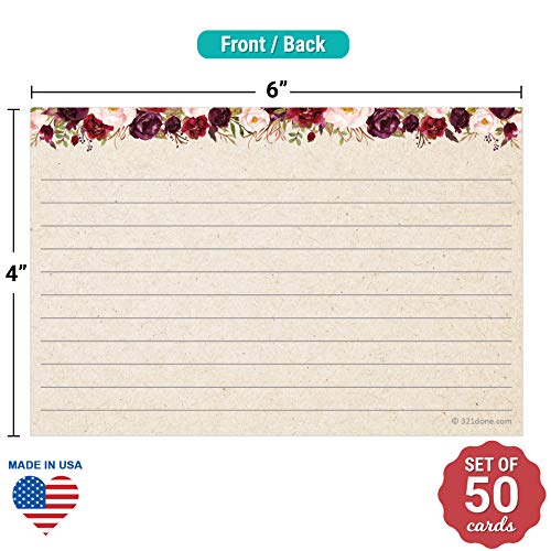 321Done Floral Ruled Index Cards - Made in USA - Large 4x6 (Set of 50), College-Ruled Lined Notecards Double-Sided, Thick Heavy Duty Cardstock, Cute Pretty Flowers Red Roses Rustic Kraft Tan Notes - Image 2