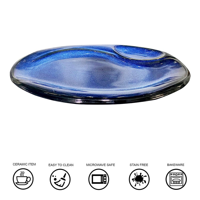Lemon Tree Oval Shape Ceramic Stoneware Serving Platter Plate | Snack and Appetizer Plate| Microwave and Dishwasher Safe, Blue - Image 3