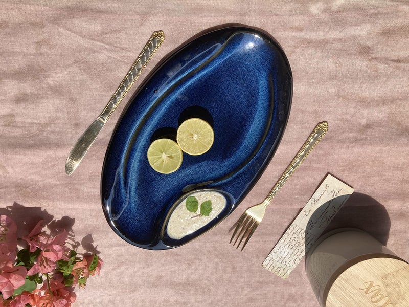 Lemon Tree Oval Shape Ceramic Stoneware Serving Platter Plate | Snack and Appetizer Plate| Microwave and Dishwasher Safe, Blue - Image 1