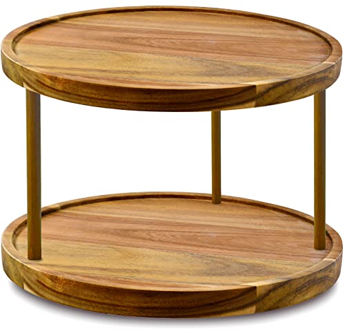AUAM 10" Two-Tier Acacia Wood Lazy Susan Organizer Kitchen Turntable for Cabinet Pantry Table Organization - Image 1
