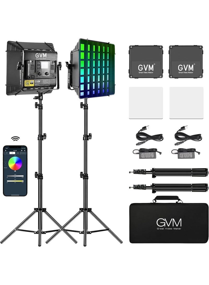 GVM Great Video Maker GVM 800D-RGB-2L LED Studio Video Light Kit (2 Lights) with Stands & Barndoors, RGB + Bi-Color 2300K–6800K, CRI 97+, App Control – Professional Lighting for Photography & Film - Image 1