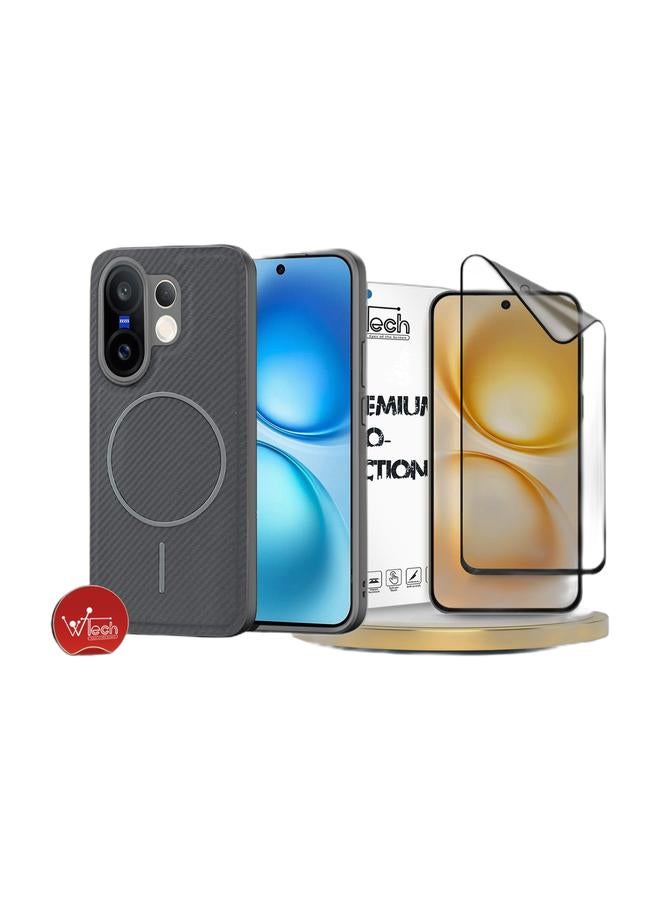 Wtech vivo X200 FE 5G 2025 Soft Silicone Carbon Fiber Magsafe Protective Back Case Cover (MCFPSN) - Grey & vivo X200 FE 5G 2025 Premium Nano Ceramic Full Glue Full Cover Matte Flexible Screen Protector (MSCNMN) - Clear/Black Bundle - Image 1