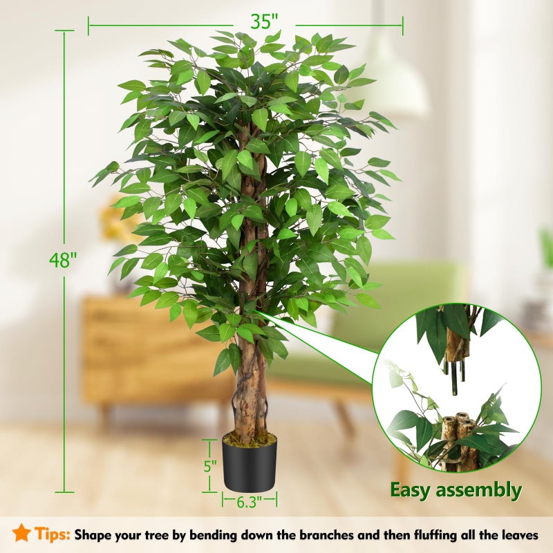 Keeplush 4ft Ficus Artificial Trees with Natural Curved Trunks, 48" Tall Lush Faux Tree for Home Decor Indoor, Green Lifelike Fake Ficus Tree Artificial Plants - Image 5