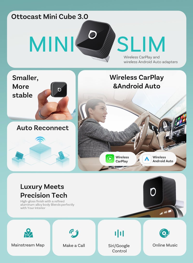 Ottocast Mini Cube 3.0 Wireless CarPlay & Android Auto Adapter Plug & Play Fast Auto-Reconnect Bluetooth 5.4 WiFi 6 - Image 2
