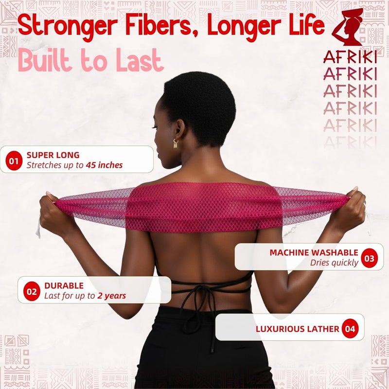 AFRIKI إسفنجة الشبكة الأفريقية من أفريقي – مقشر الجسم، مملوكة للسود ومتجذرة في أفريقيا، لجميع أنواع البشرة | طول 45 بوصة (الكركديه) - Image 3