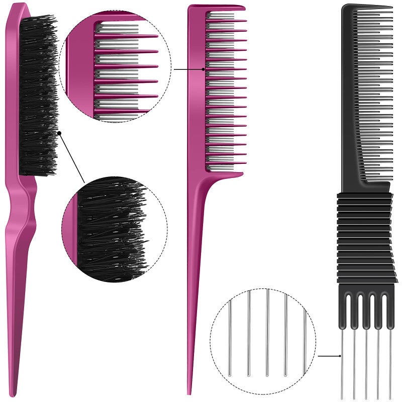 Patelai 3 Pieces Pick Teasing Combs Hair Brush Set Includes Black Carbon Lift with Metal Prong, Triple Pin Rat Tail Comb, Nylon Bristle Hair Brush for Women(Black, Rose Red) - Image 3