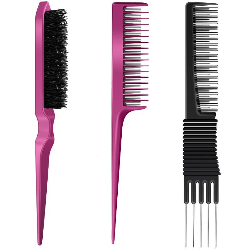 Patelai 3 Pieces Pick Teasing Combs Hair Brush Set Includes Black Carbon Lift with Metal Prong, Triple Pin Rat Tail Comb, Nylon Bristle Hair Brush for Women(Black, Rose Red) - Image 1