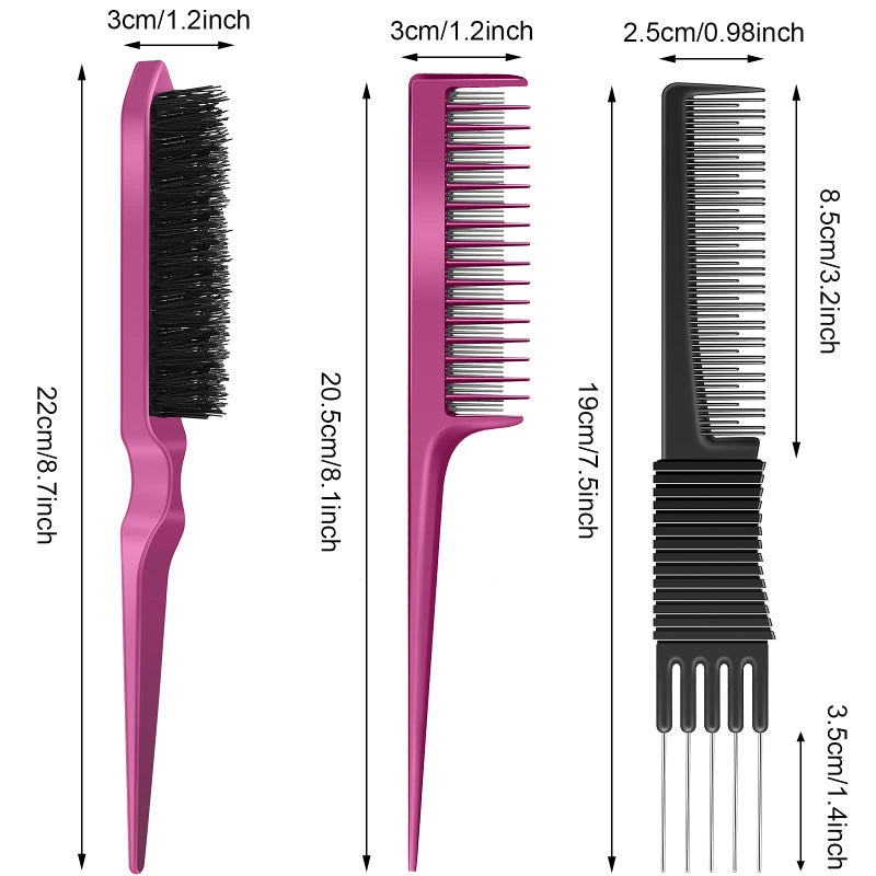 Patelai 3 Pieces Pick Teasing Combs Hair Brush Set Includes Black Carbon Lift with Metal Prong, Triple Pin Rat Tail Comb, Nylon Bristle Hair Brush for Women(Black, Rose Red) - Image 2
