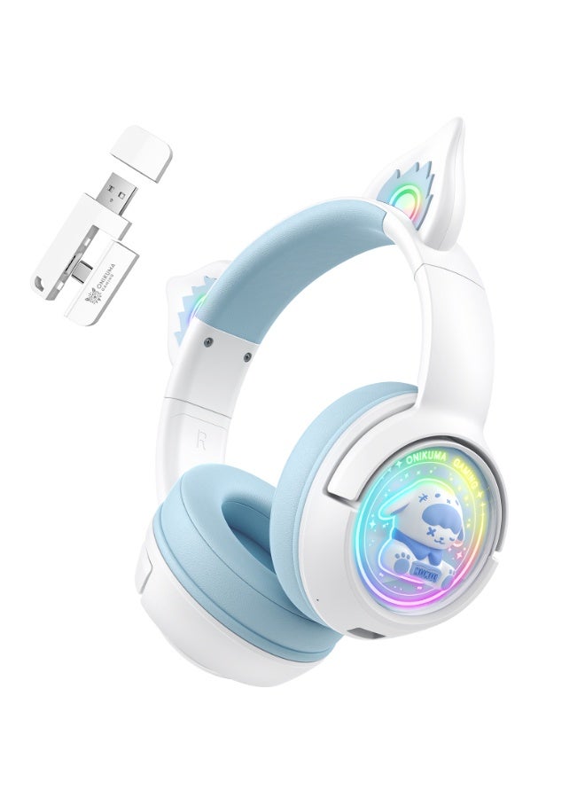 onikuma B5 2.4G  Cute Cat Bluetooth Headphones, Wireless & Wired Mode Headset with Mic, RGB LED Light, for Girls Women School Gaming, Compatible with Mobile Phones Tablet  Blue White - Image 4