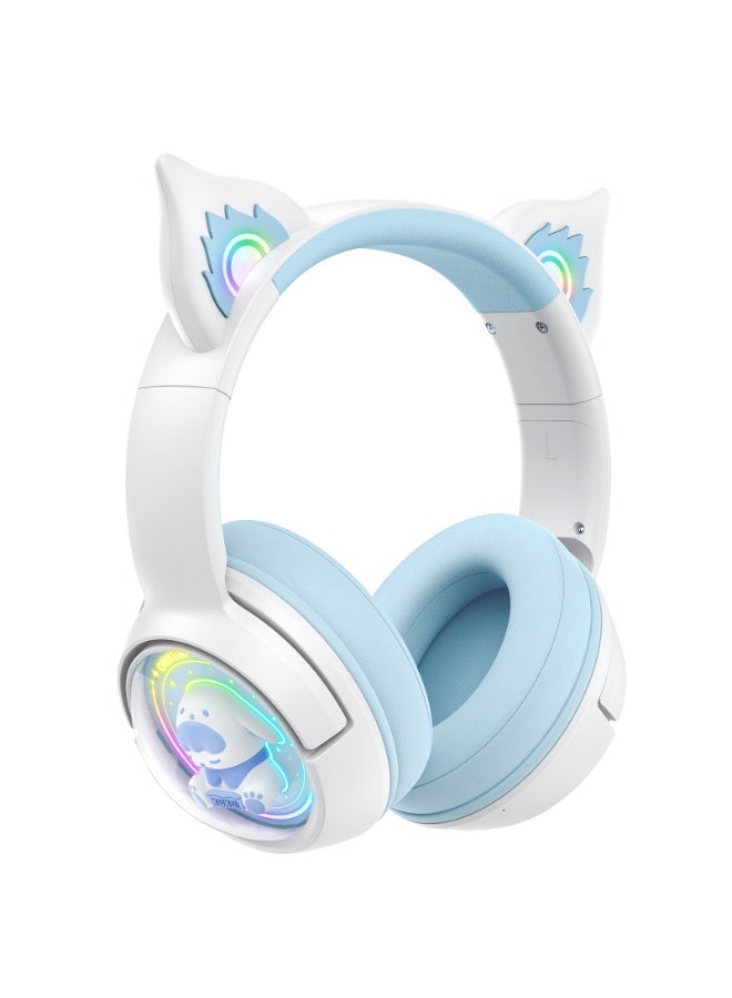 onikuma B5 2.4G  Cute Cat Bluetooth Headphones, Wireless & Wired Mode Headset with Mic, RGB LED Light, for Girls Women School Gaming, Compatible with Mobile Phones Tablet  Blue White - Image 1
