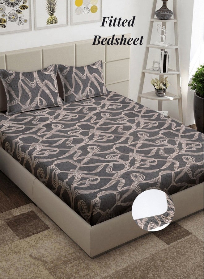 Arrabi Grey Abstract Cotton 310 TC Fitted King Fine Bedsheet with 2 Pillow Covers - Image 1